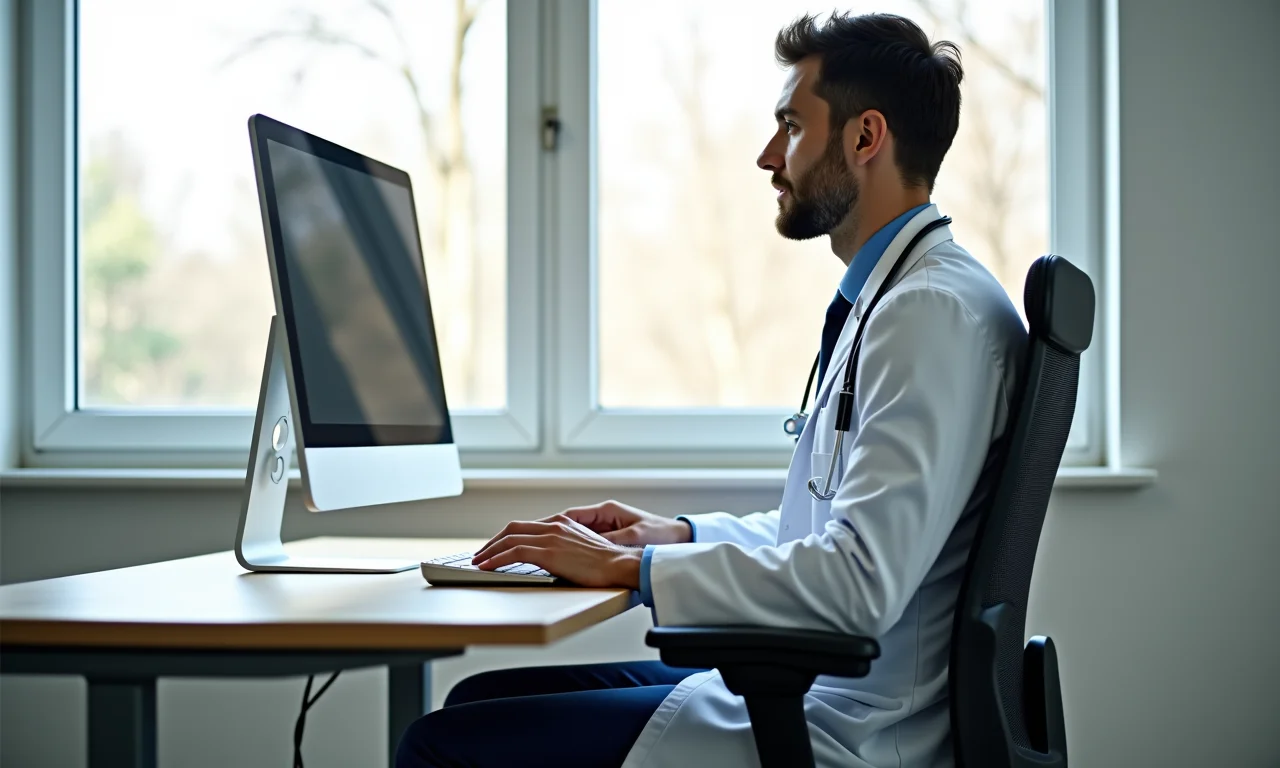 Médico usando cadeira ergonômica em sua mesa, demonstrando conforto.