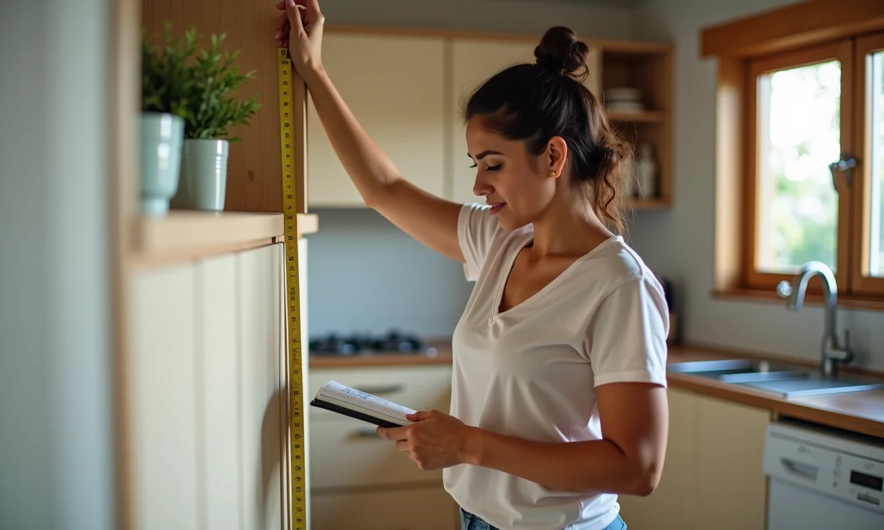 Medindo o espaço disponível no armário da cozinha.