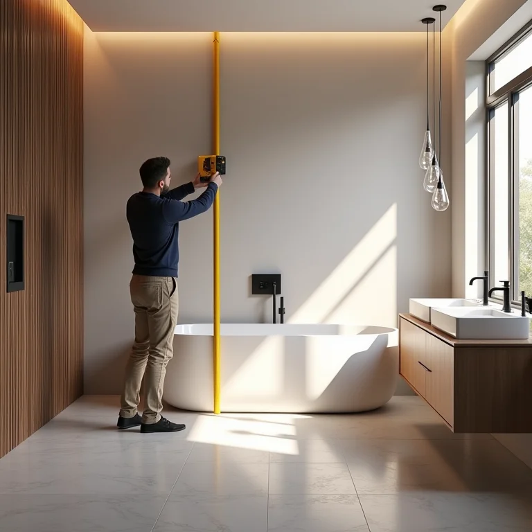 Medindo o espaço do banheiro para um planejamento preciso.