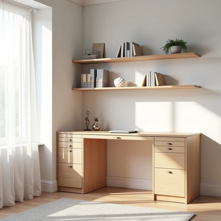 Mesa de canto com prateleiras em estilo escandinavo minimalista.