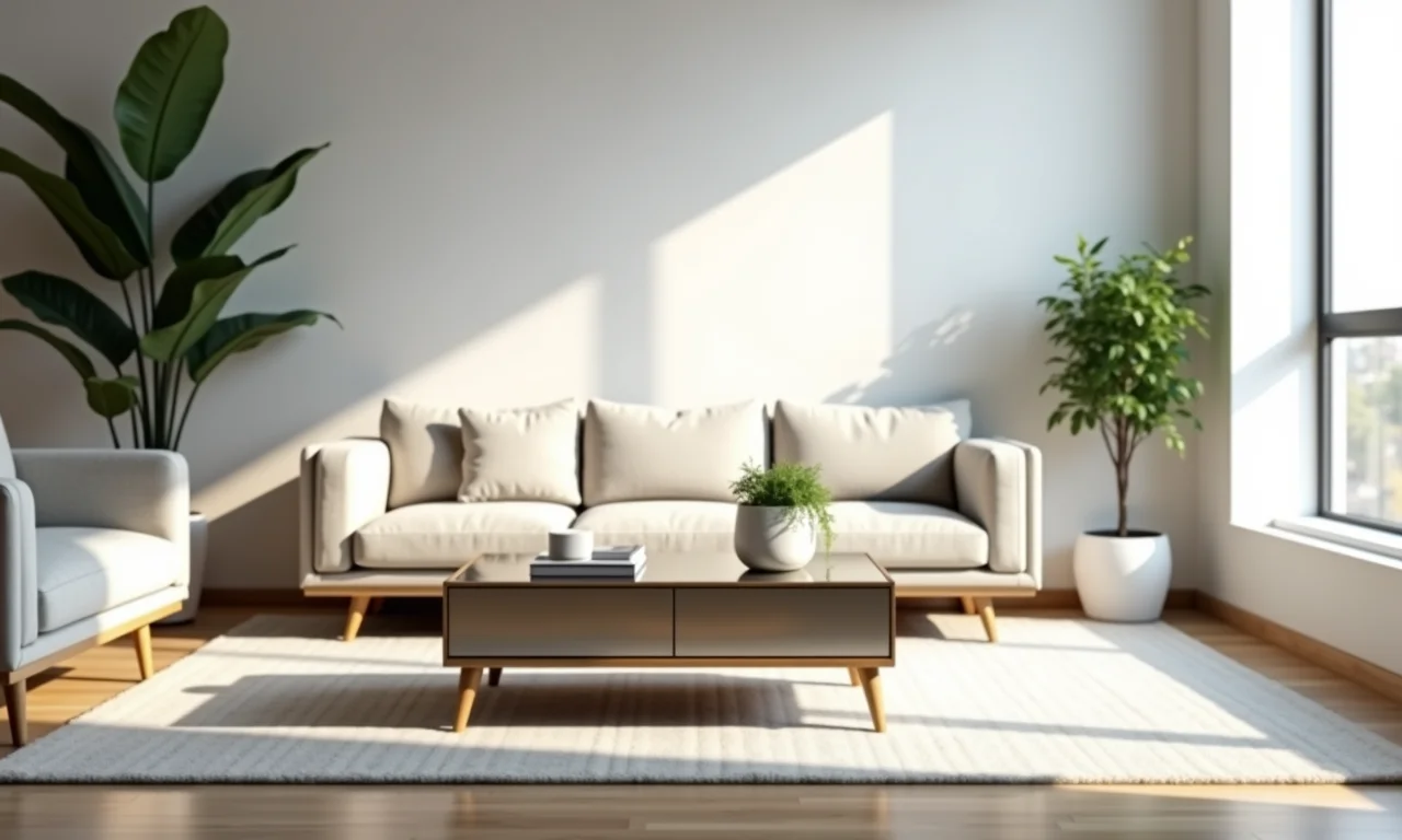 Mesa de centro espelhada em sala moderna com design minimalista.