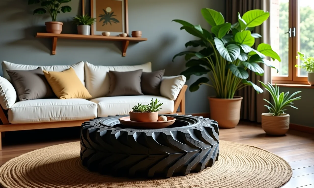 Mesa de centro feita com pneus, unindo sustentabilidade e estilo.