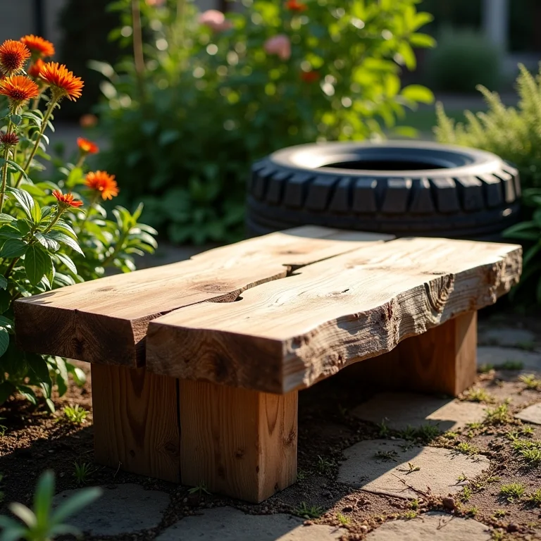 Mesa de centro rústica feita de madeira reciclada ao lado do jardim de pneus.