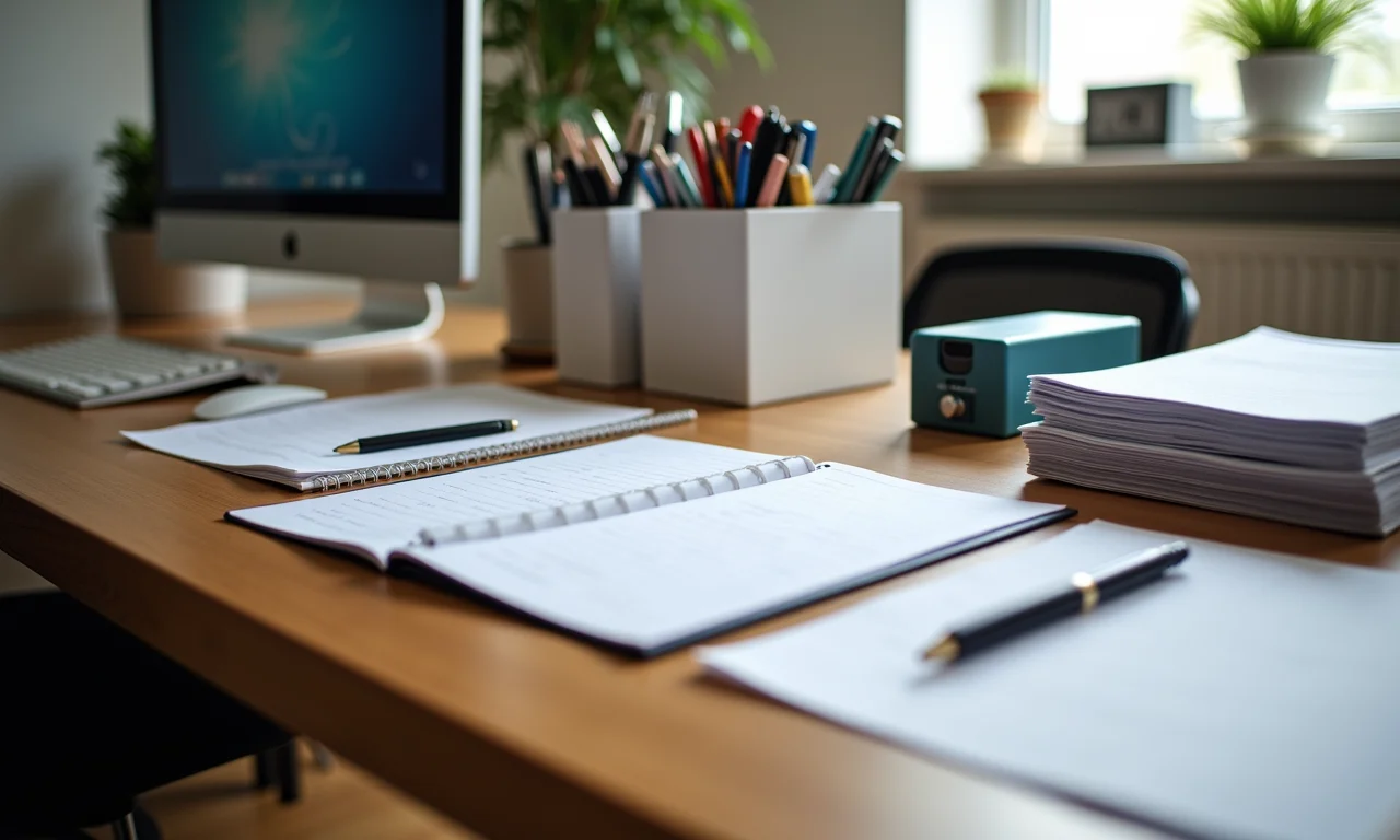 Mesa de consultório com organizadores embutidos e documentos acessíveis.