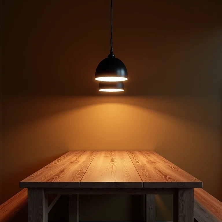 Mesa de jantar de madeira iluminada por luzes pendentes.