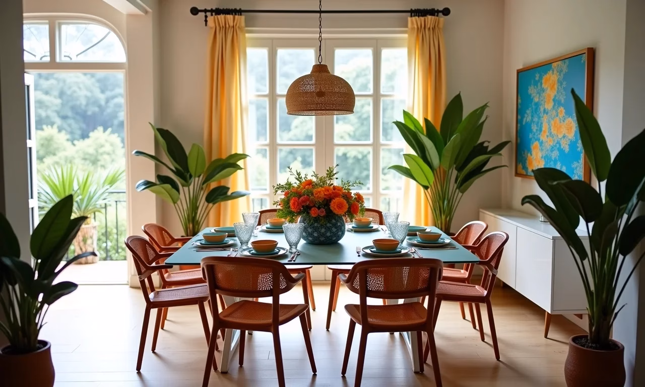 Mesa de jantar de vidro com decoração vibrante em estilo Farm Rio.