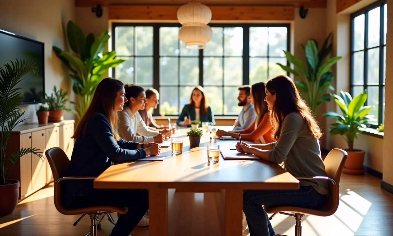 Mesa de reunião de madeira em escritório moderno com equipe diversa.