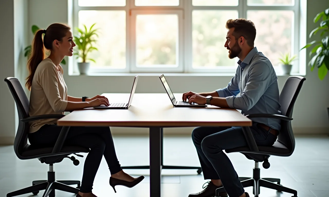 Mesa de reunião ergonômica com cadeiras confortáveis.