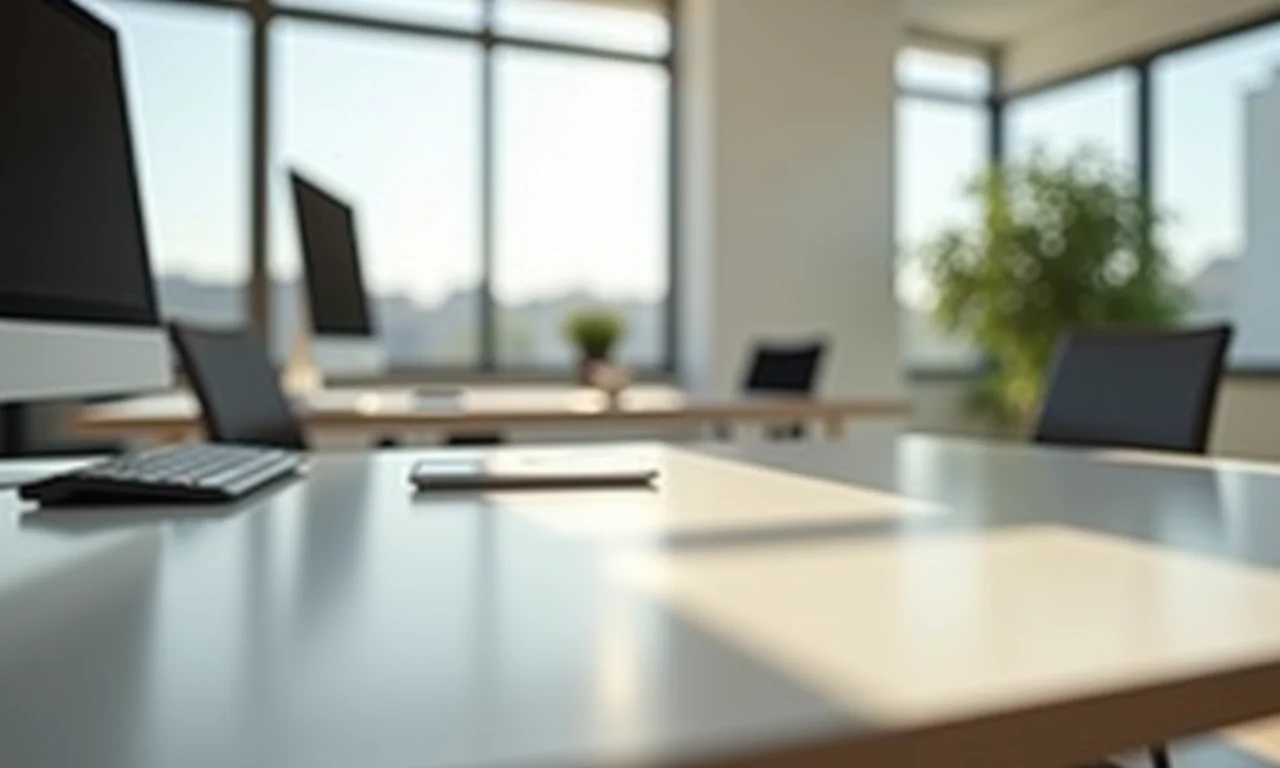 Mesa em formato L em um escritório luminoso com amplo espaço.