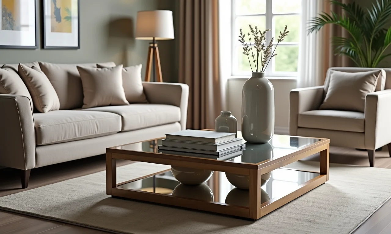 Mesa espelhada combinada com livros e vasos em sala de estar elegante.