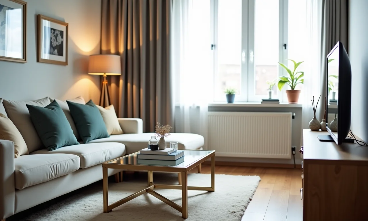 Mesa espelhada em apartamento pequeno, ampliando o espaço visualmente.