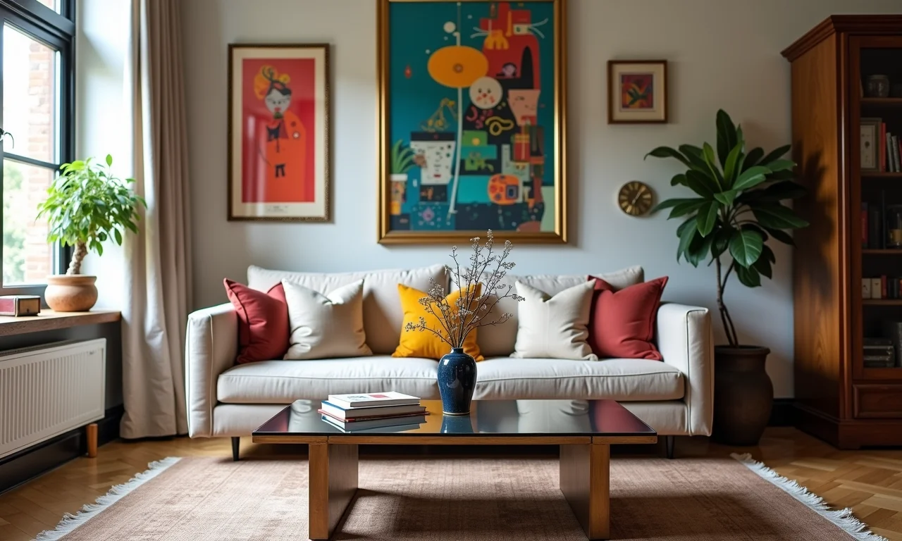 Mesa espelhada em sala de estar eclética com arte colorida e decoração vintage.