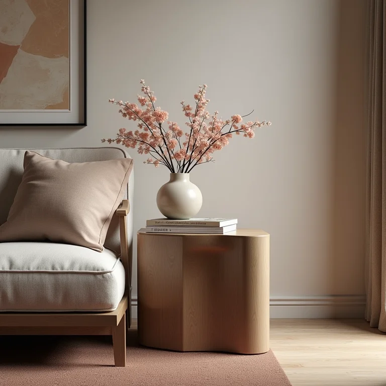 Mesa lateral com vaso de flores e livros decorativos