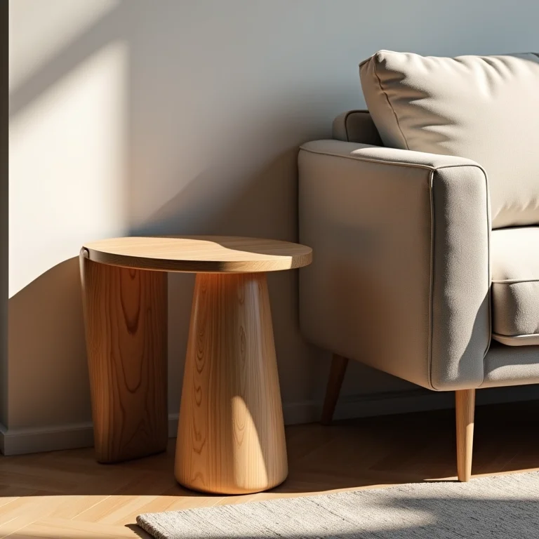 Mesa lateral de madeira ao lado de um sofá moderno