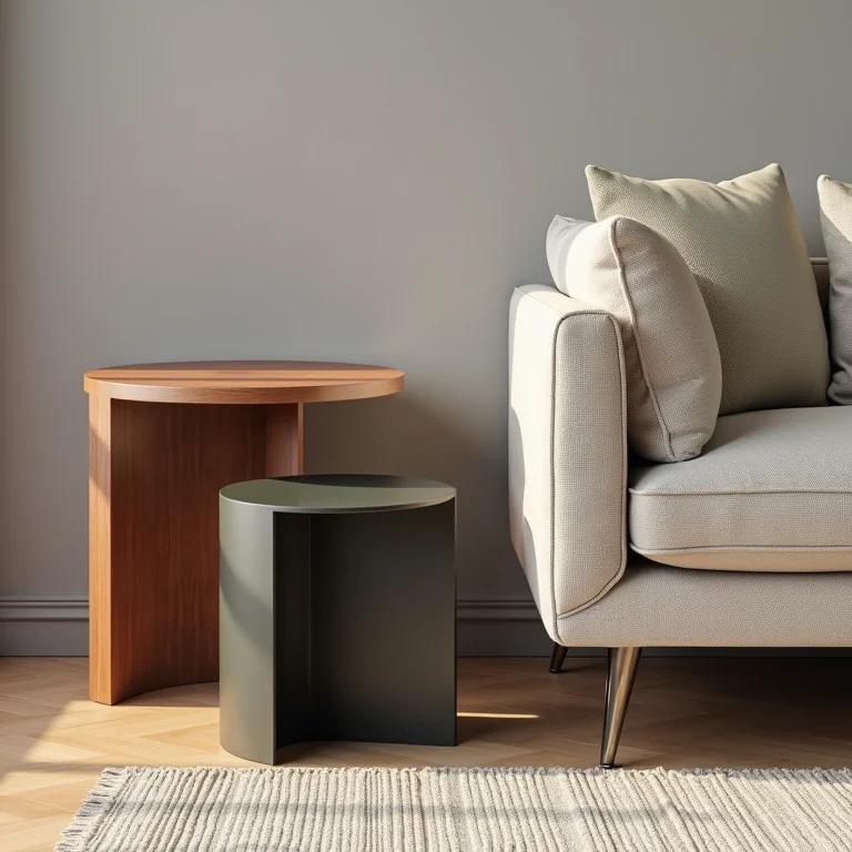 Mesa lateral de madeira, metal e vidro