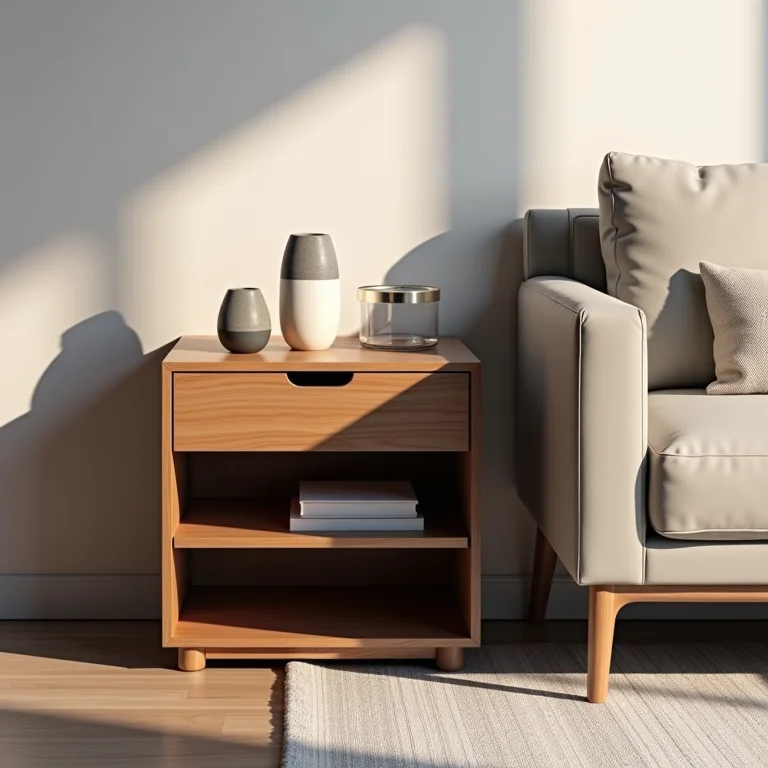 Mesa lateral funcional com gavetas e prateleiras