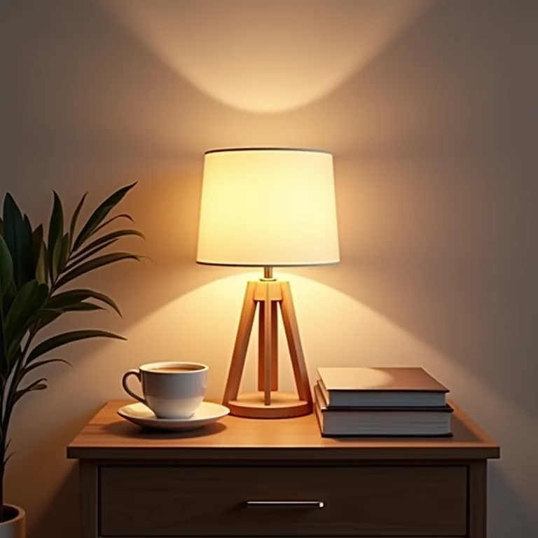 Mesa lateral funcional com luminária, livros e café