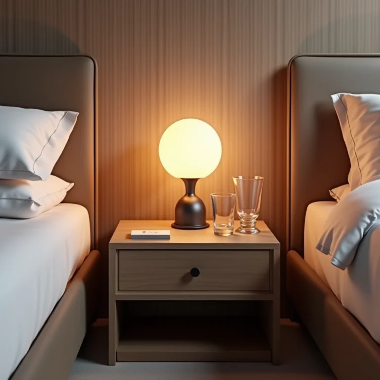 Mesa lateral usada como criado-mudo ao lado da cama