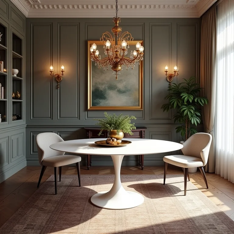 Mesa Saarinen contrastando com decoração tradicional, demonstrando a importância da harmonia no design.