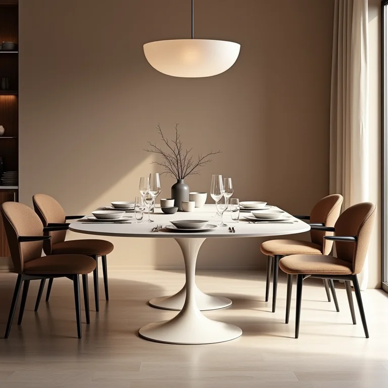 Mesa Saarinen na sala de jantar com louça elegante