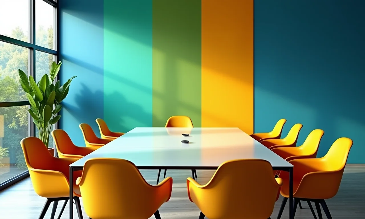 Mesas de reunião com diferentes cores para influenciar o humor.