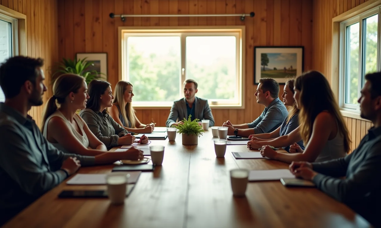 Mesas de reunião de diferentes tamanhos acomodando diversos participantes.