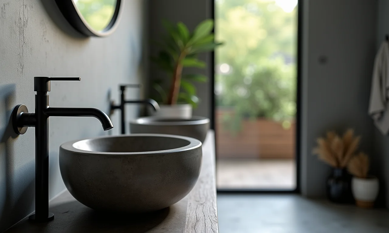 Metais pretos e pia de concreto em um banheiro industrial.