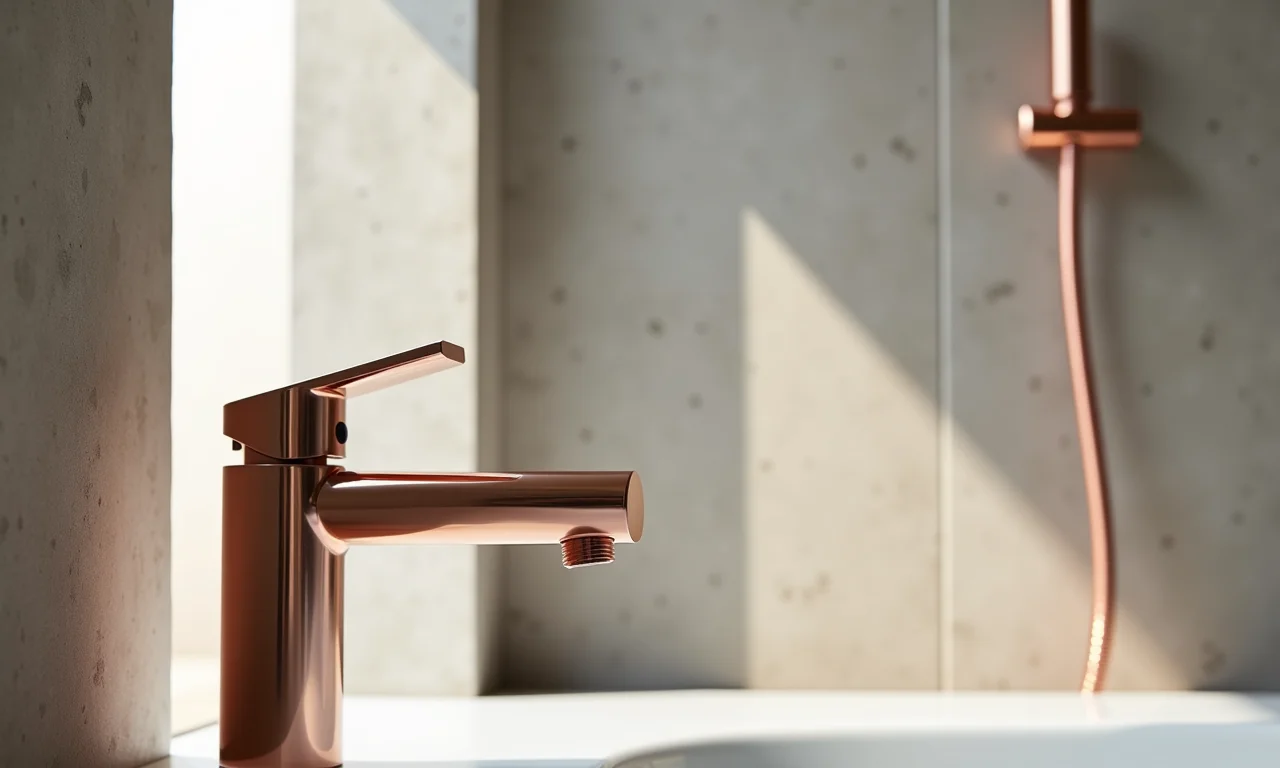 Metais rosê gold em banheiro com cimento queimado, adicionando sofisticação.