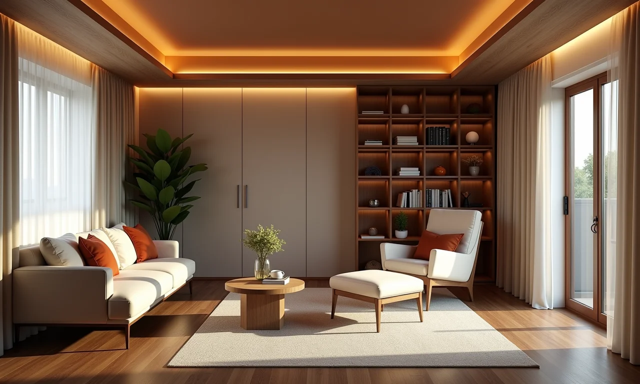 Mezanino aconchegante com piso vinílico e painéis acústicos.