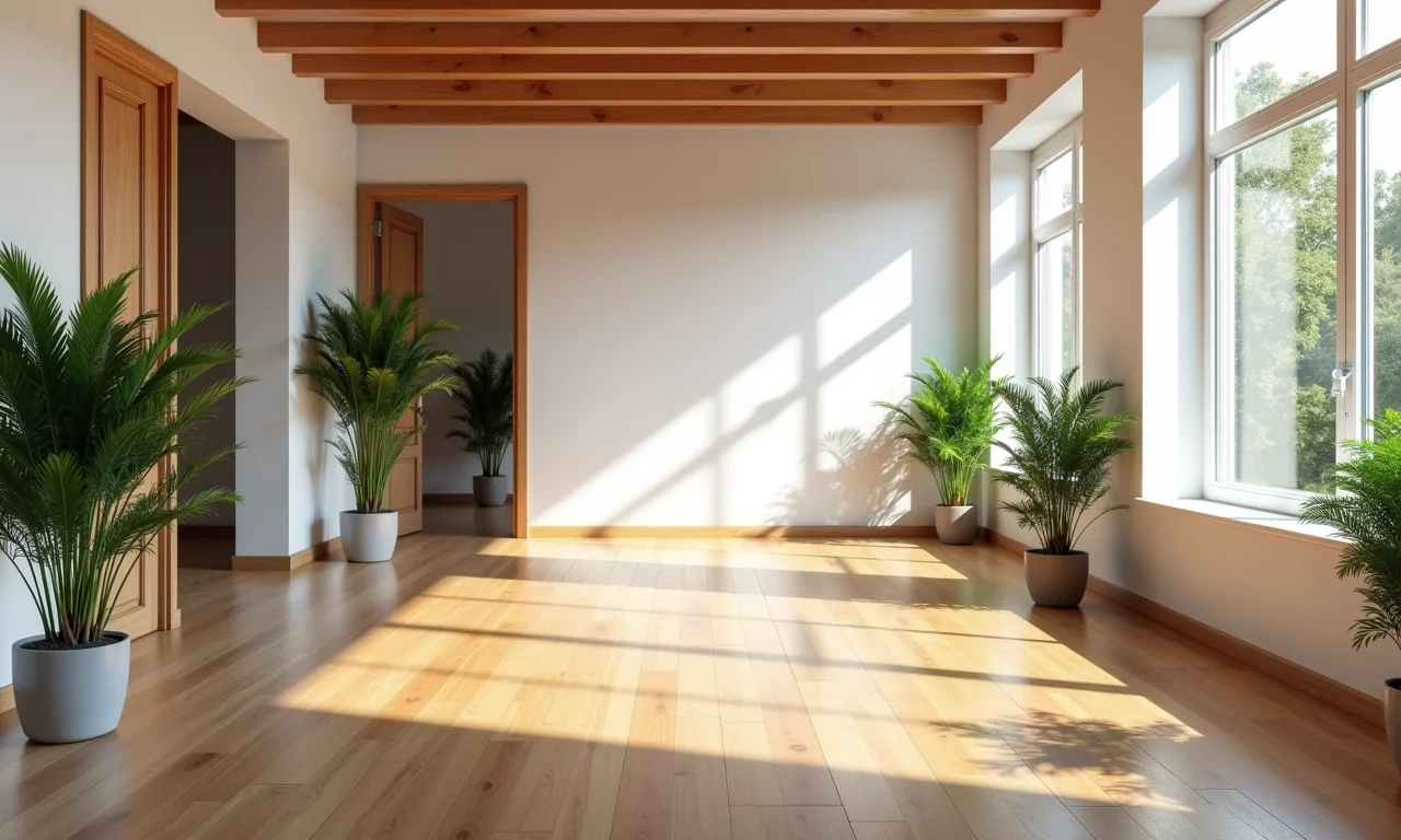 Mezanino com piso laminado, design minimalista e cores vibrantes.