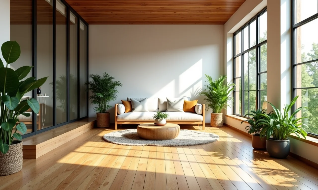 Mezanino ecológico com assoalho de bambu e decoração sustentável.