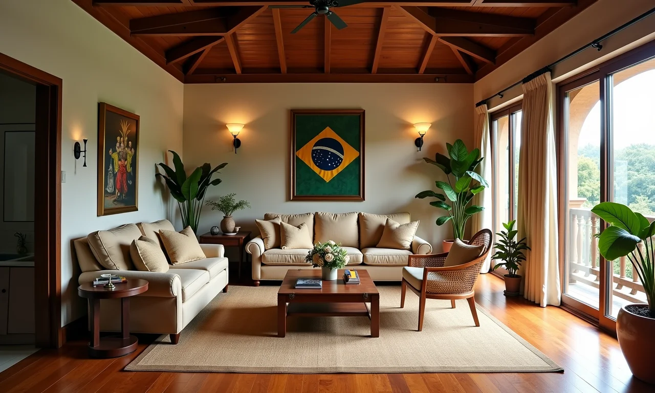 Mezanino elegante com assoalho de madeira maciça e arte brasileira.