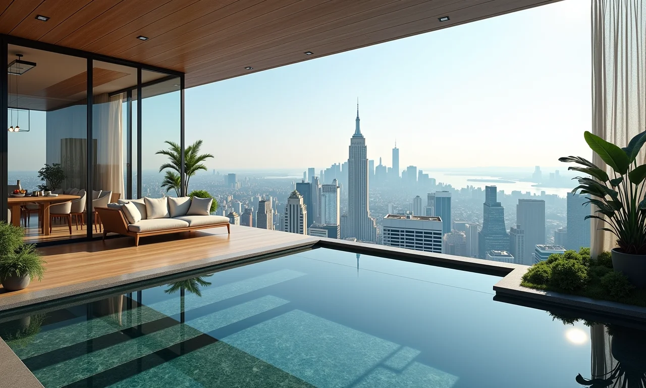 Mezanino luxuoso com assoalho de vidro e vista panorâmica da cidade.