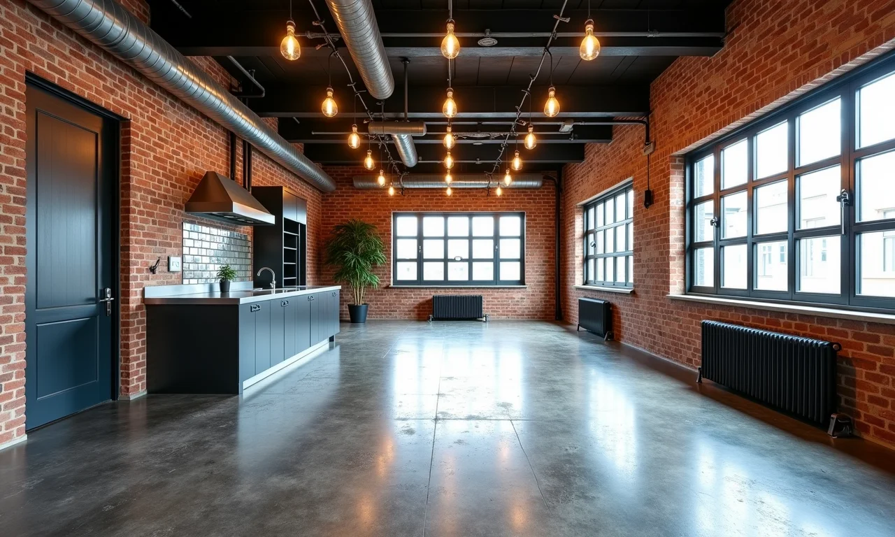 Mezanino moderno com assoalho de aço galvanizado e design industrial.