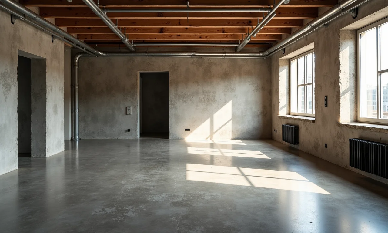 Mezanino rústico com assoalho de cimento queimado e design industrial.