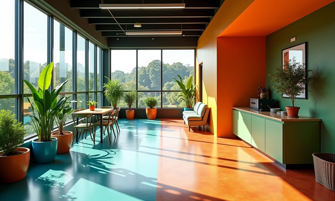 Mezanino sustentável com assoalho de plástico reciclado e design colorido.