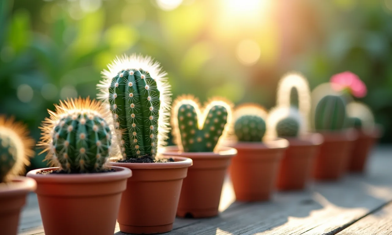 Mini jardim de cactos em vasos de barro sob a luz do sol.