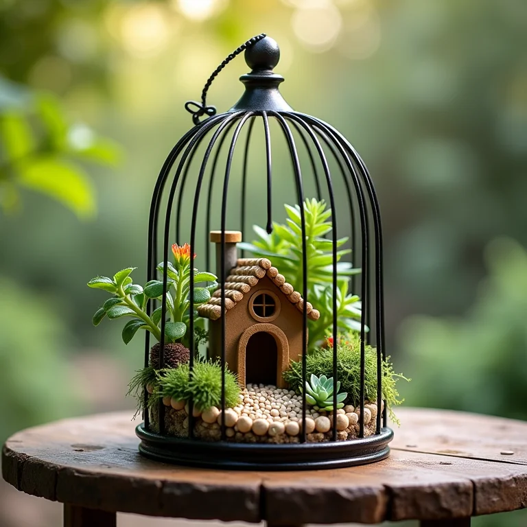 Mini jardim dentro de uma gaiola.