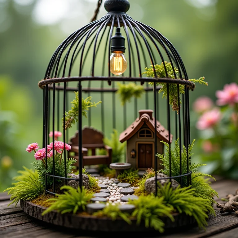 Mini jardim temático dentro de uma gaiola