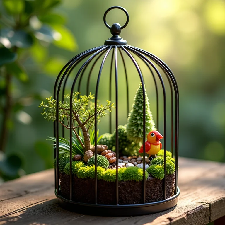 Mini jardim temático dentro de uma gaiola