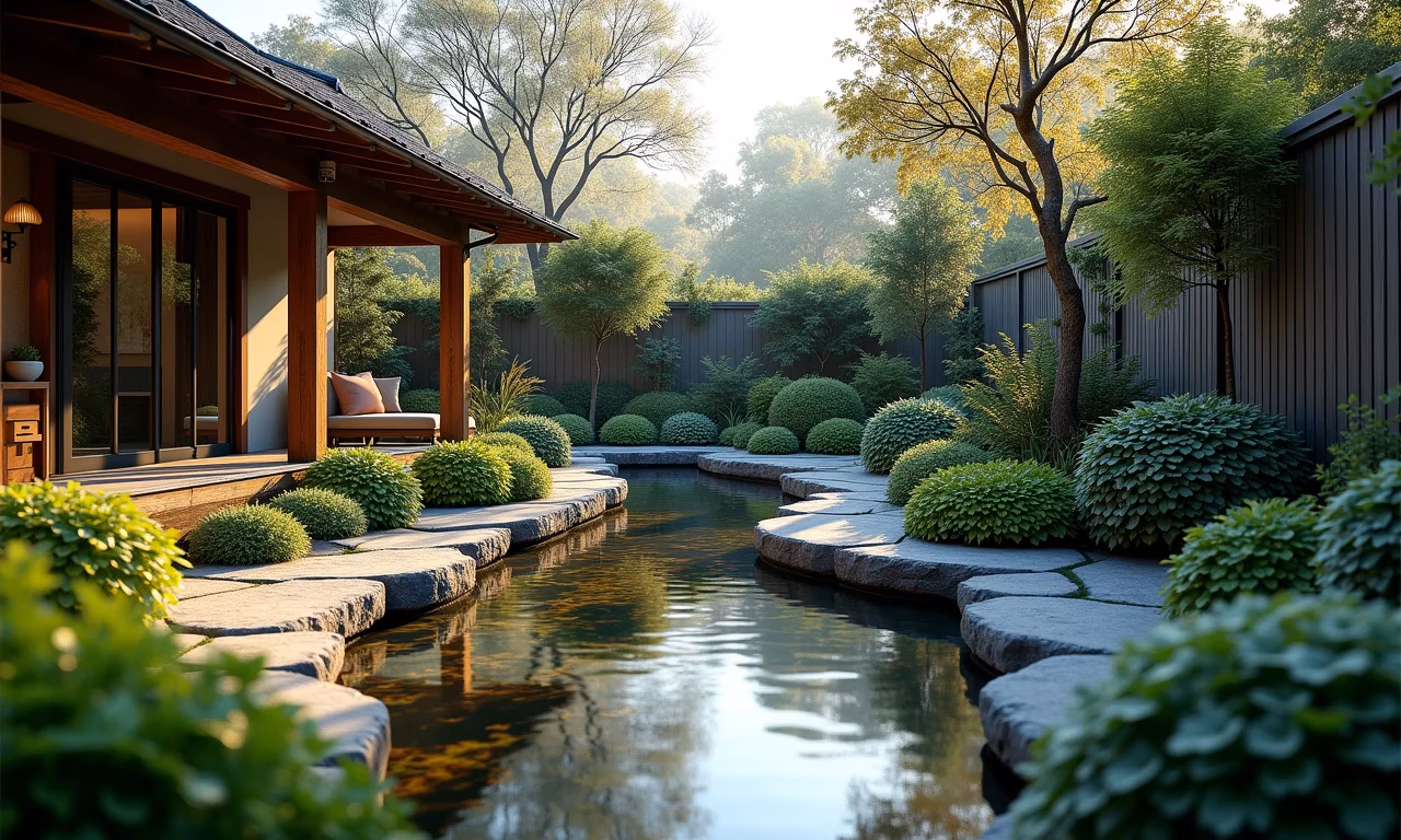 Mini lago com pedras em jardim de inverno exuberante.