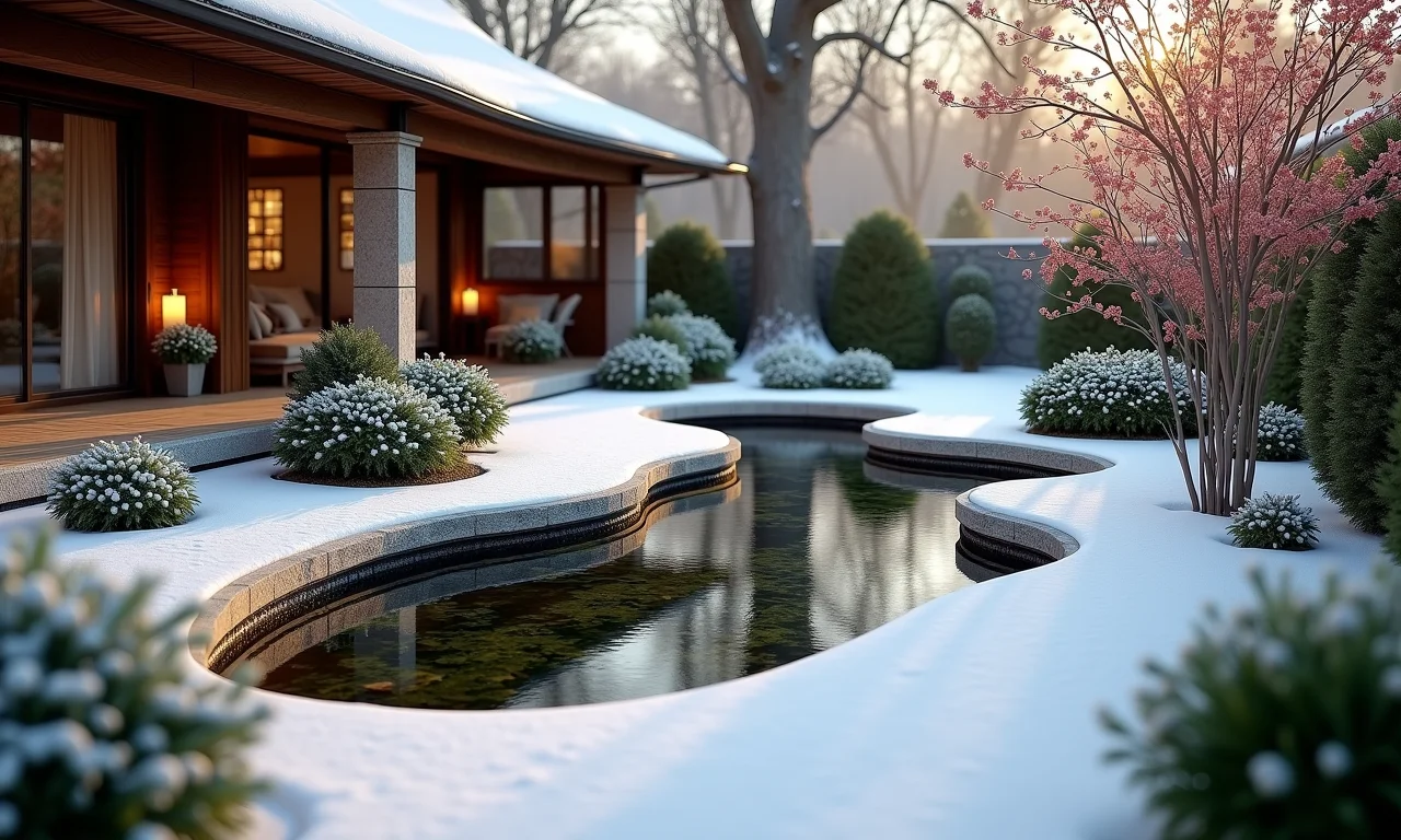 Mini lago com pedras valorizando o design de um jardim de inverno.