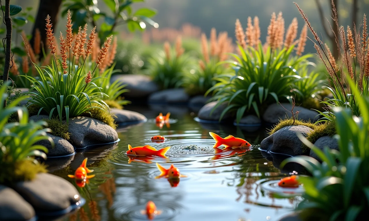 Mini lago com plantas aquáticas e peixes coloridos.