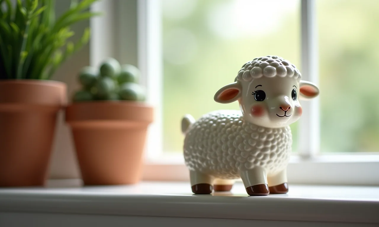 Miniatura de ovelha de cerâmica em prateleira de cozinha com decoração farmhouse.