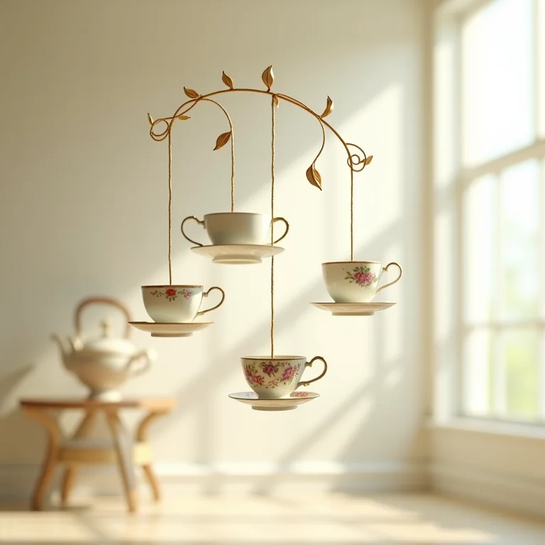 Móbile delicado feito com xícaras de chá antigas.