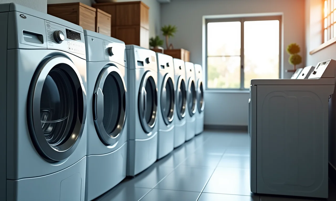Modelos de secadora diferentes (frontal, superior) em uma lavanderia.