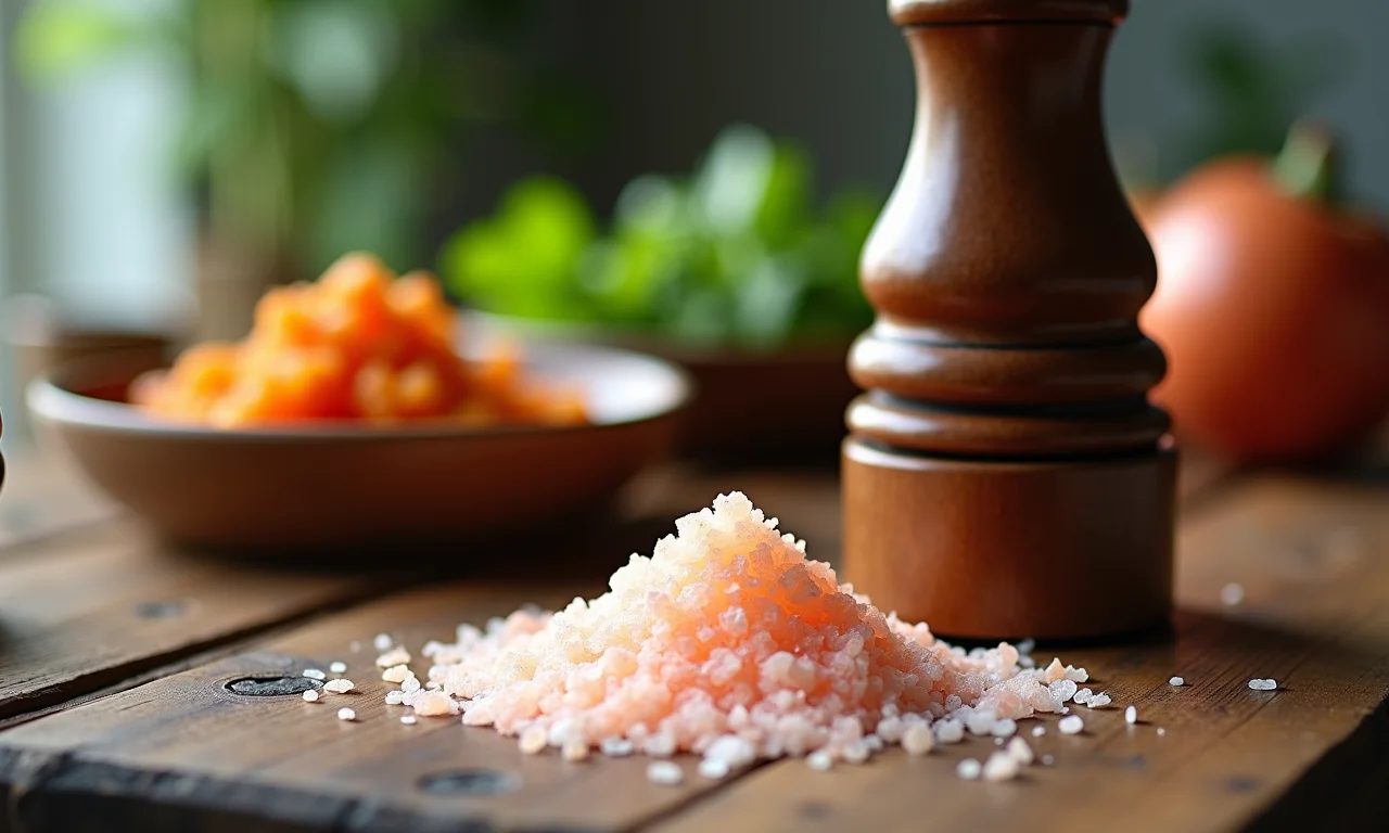 Moedor de pimenta e sal rosa na mesa com pratos veganos.