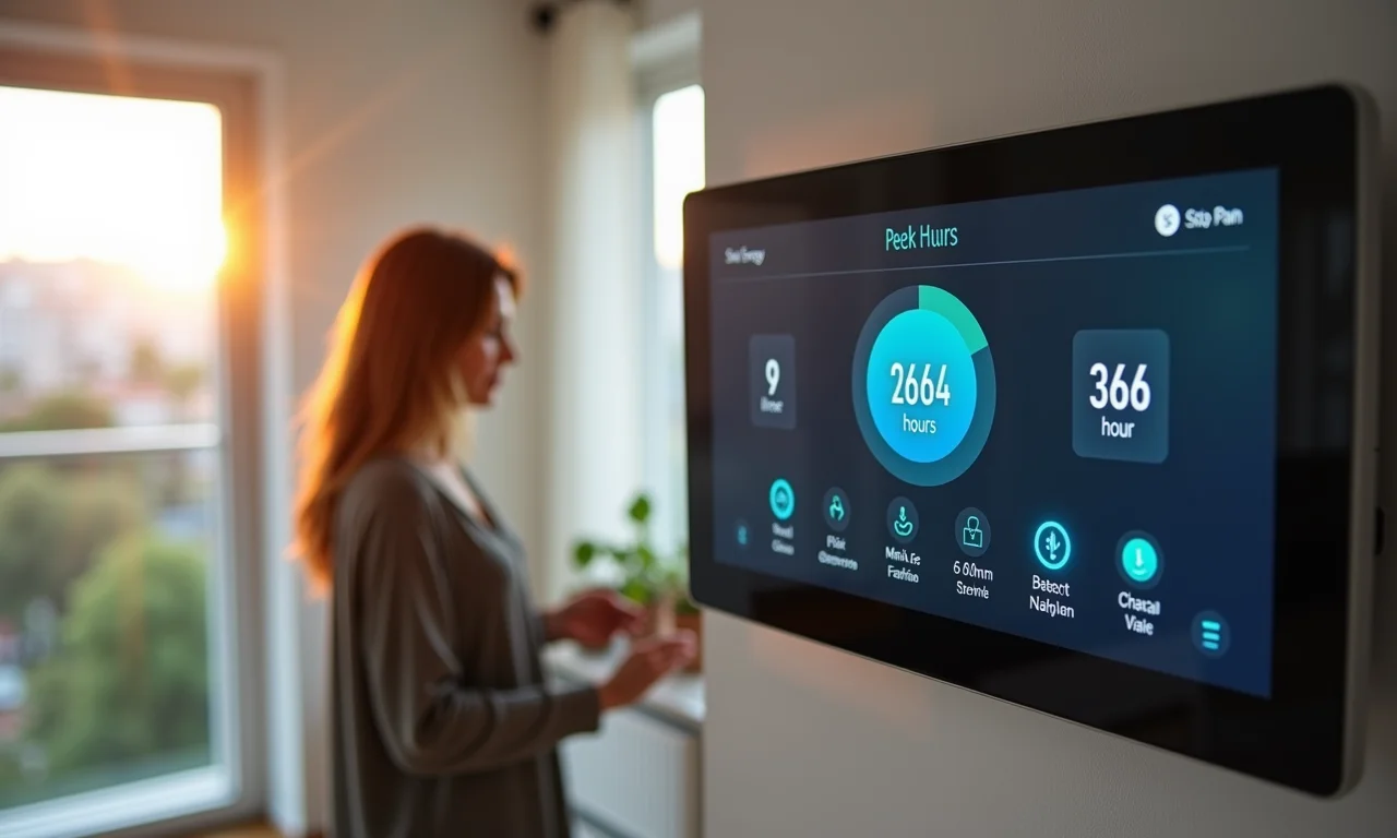 Monitor de energia inteligente mostrando horários de pico de consumo.