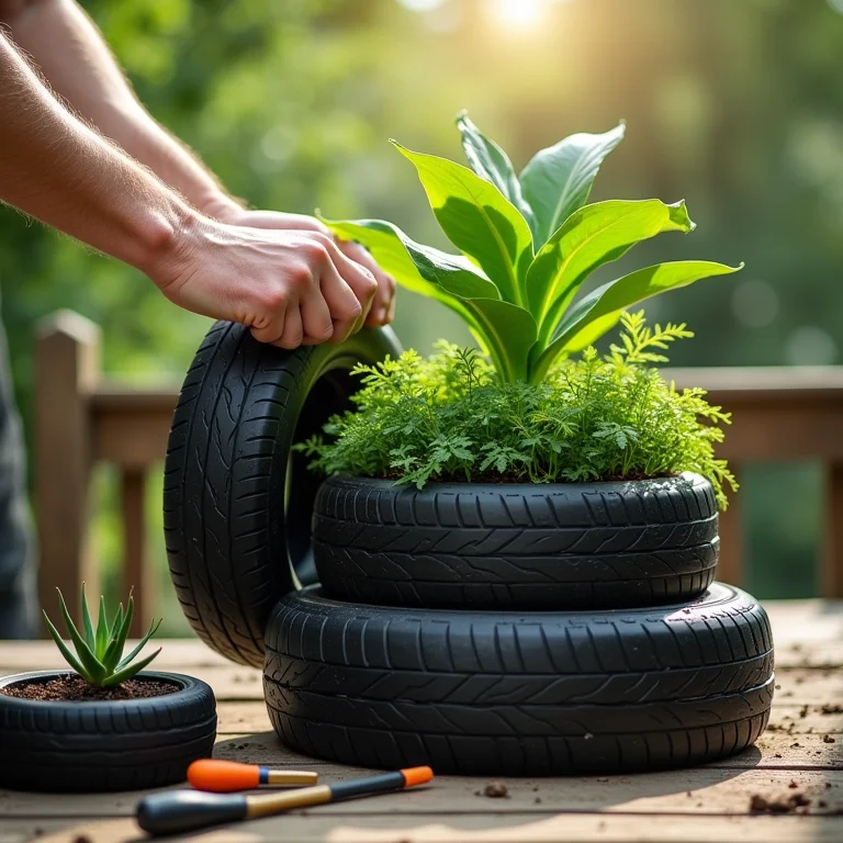 Montagem passo a passo de uma horta vertical com pneus.