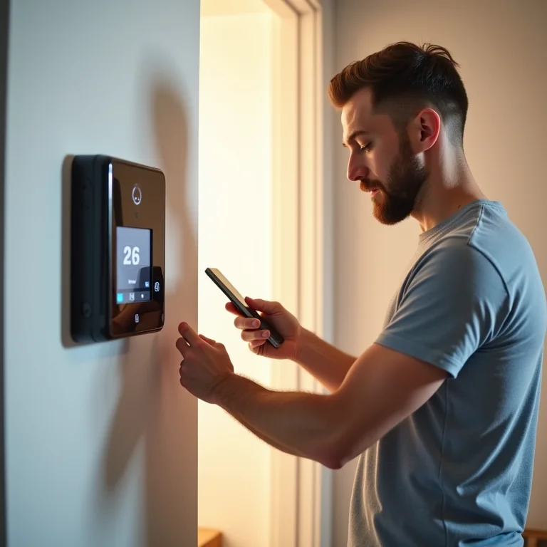 Morador instalando sistema de segurança inteligente em casa
